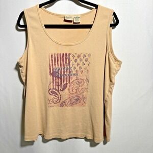 VTG American Flag Paisley Graphic Tank Top Cotton Tan Womens 3X Retro 90s‎ Y2K